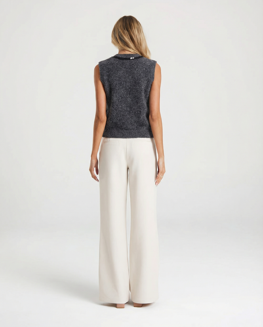 Lola | Knitted Vest Top Grey Sleeveless V Neck Rhinestone Trim