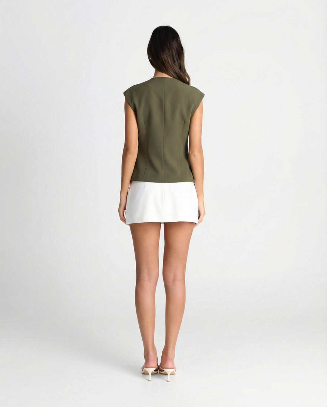 Cleo | Smart Casual Asymmetric Vest Top Khaki V Neck Tailored Sleeveless