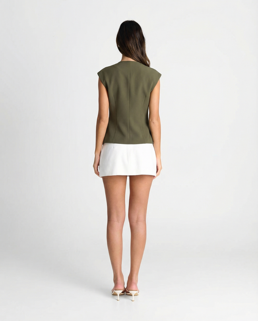 Cleo | Smart Casual Asymmetric Vest Top Khaki V Neck Tailored Sleeveless