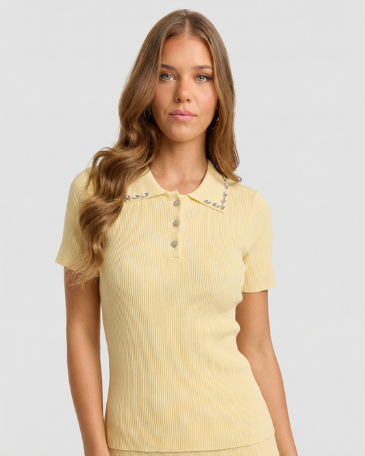 Olivia | Elegant Ribbed Knit Rhinestone Collar Polo Top