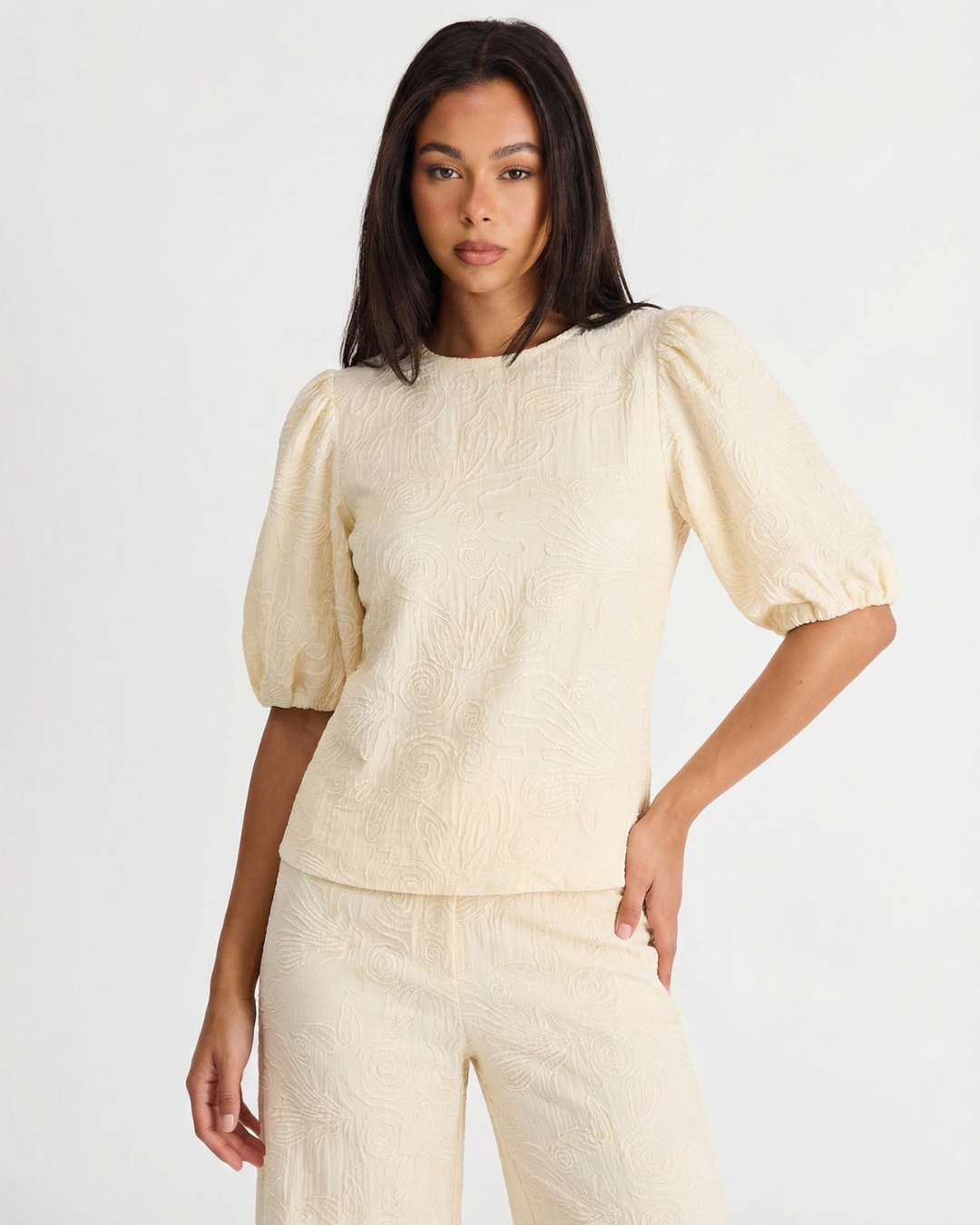 Millie | Embossed Floral Puff Sleeve Co-ord Set
