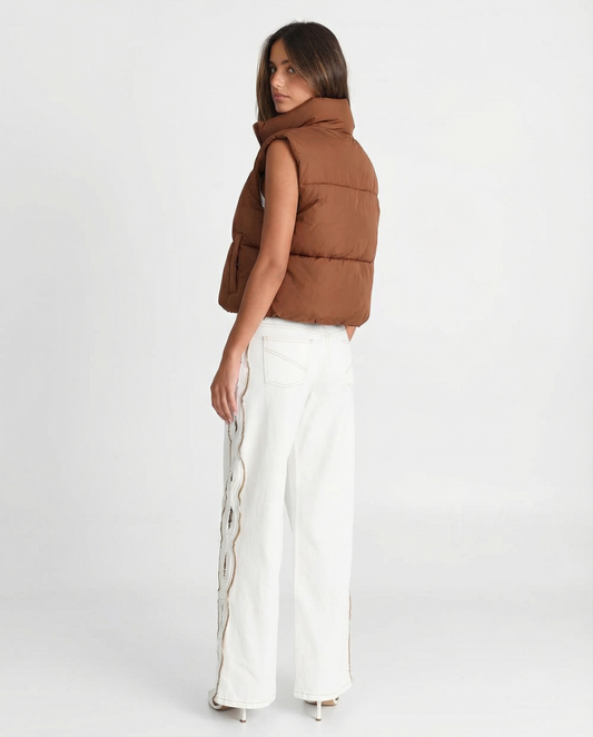 Darcy | Autumn Cropped Puffer Vest Brown Padded Sleeveless Quilted