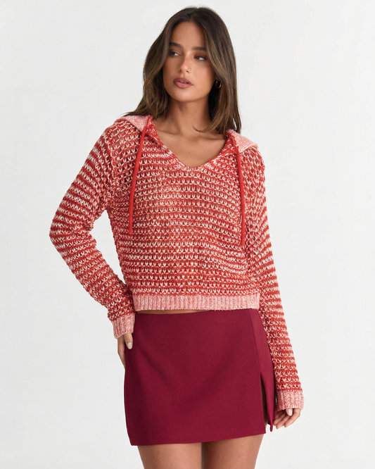 Ruby | Red Relaxed Open Knit Striped Hooded Jumper
