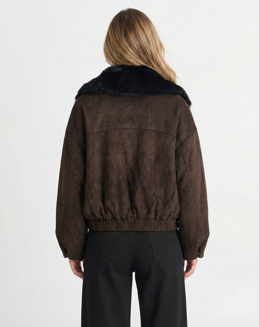 Ada | Winter Aviator Jacket Brown Faux Fur Collar Suede