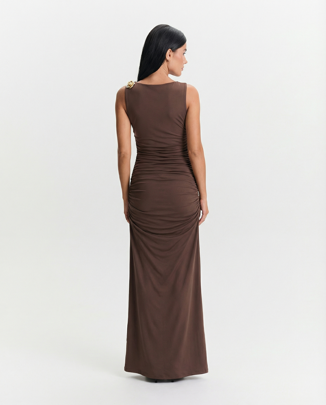 Betsy | Asymmetric Neck Ruched Jersey Maxi Dress