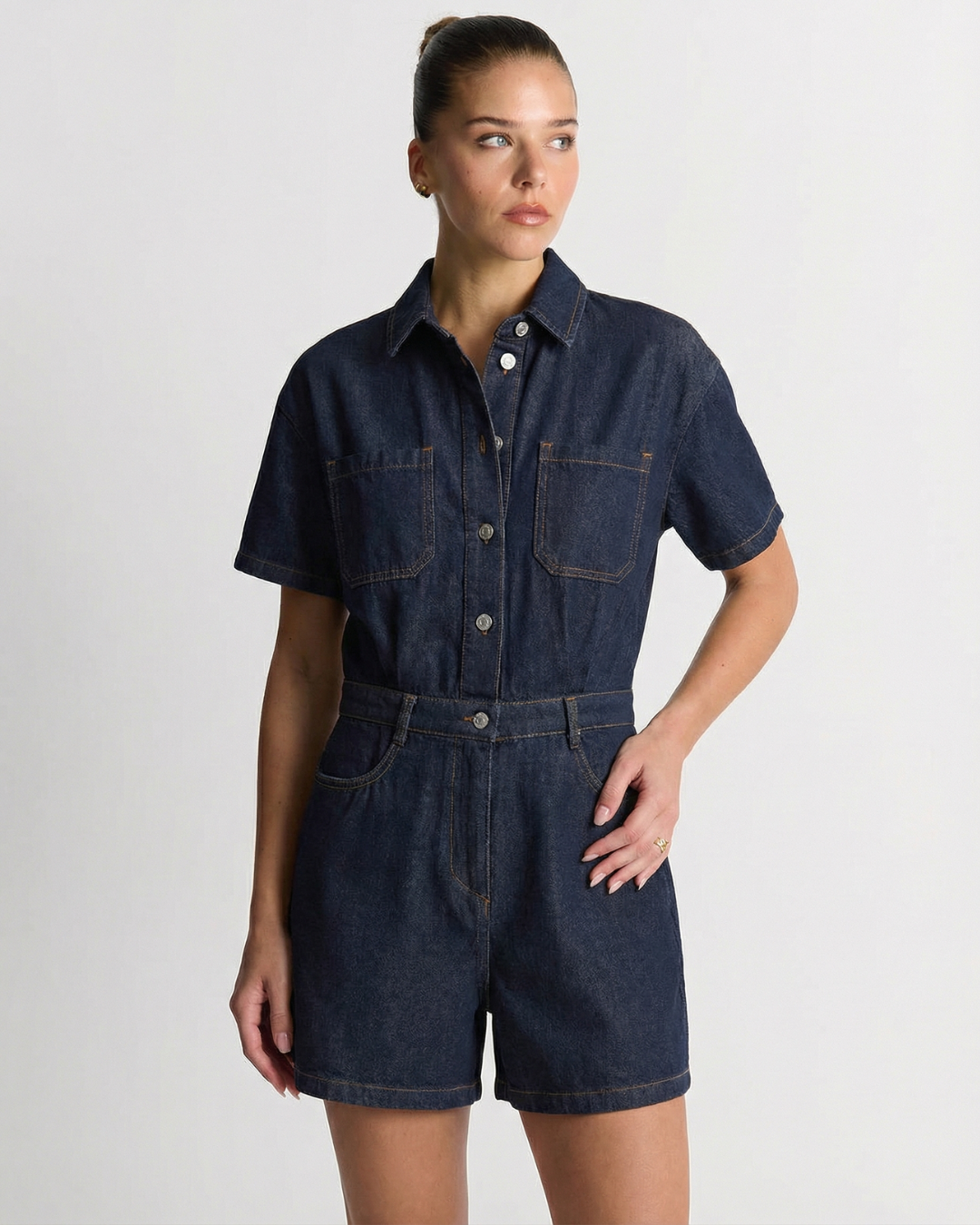 Abigail | Shirt Collar Button Front Twin Pocket Contrast Stitch Denim Romper in Dark Blue and Light Blue