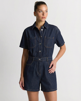 Abigail | Shirt Collar Button Front Twin Pocket Contrast Stitch Denim Romper in Dark Blue and Light Blue