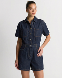 Abigail | Shirt Collar Button Front Twin Pocket Contrast Stitch Denim Romper in Dark Blue and Light Blue