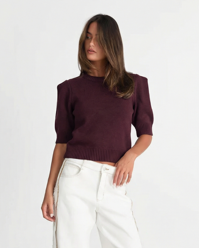 Lucy | Puff Sleeve Crew Neck Ribbed Cropped Knit Top