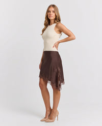 Zara Lace Trim Asymmetric Slip Skirt Brown