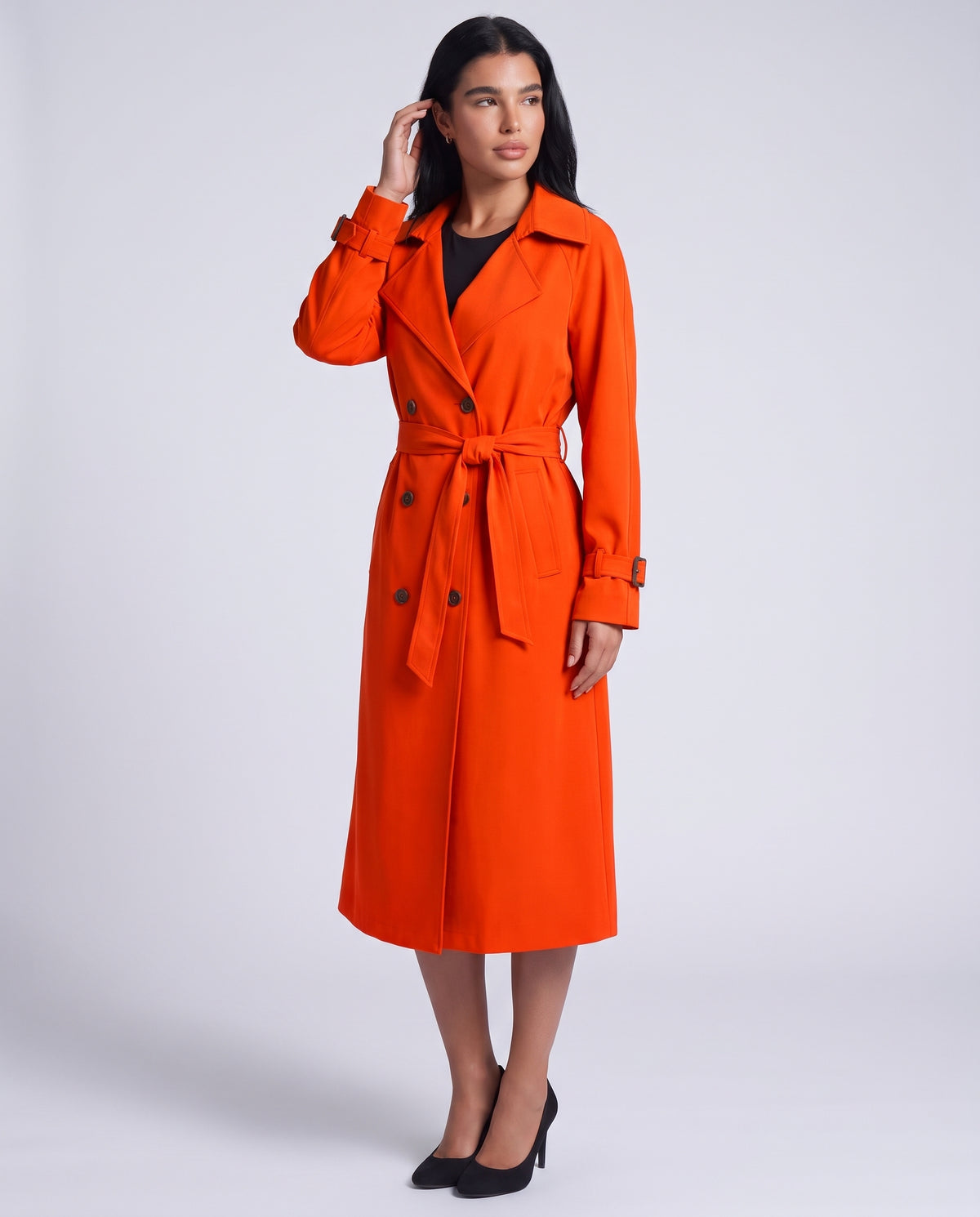 Marlowe longline belted trench coat in Orange Red - front view 2