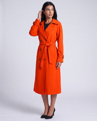 Marlowe longline belted trench coat in Orange Red - front view 2