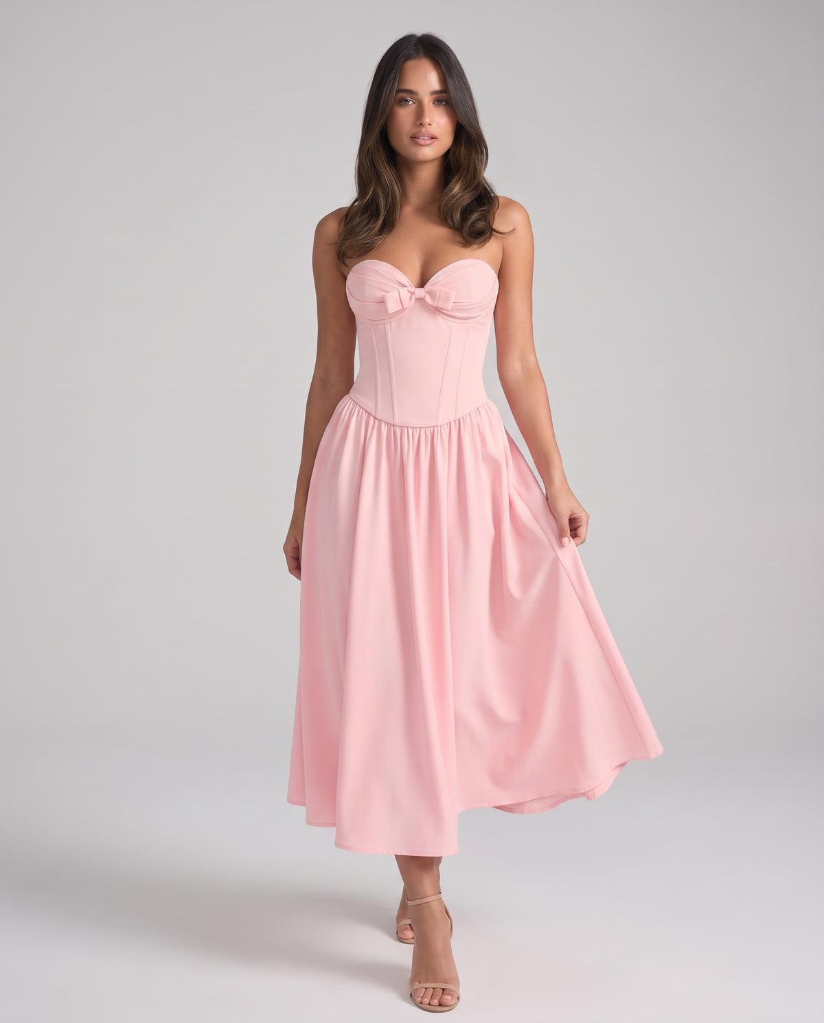 Zoe Strapless Corset Bow Midi Dress - Pink - pose