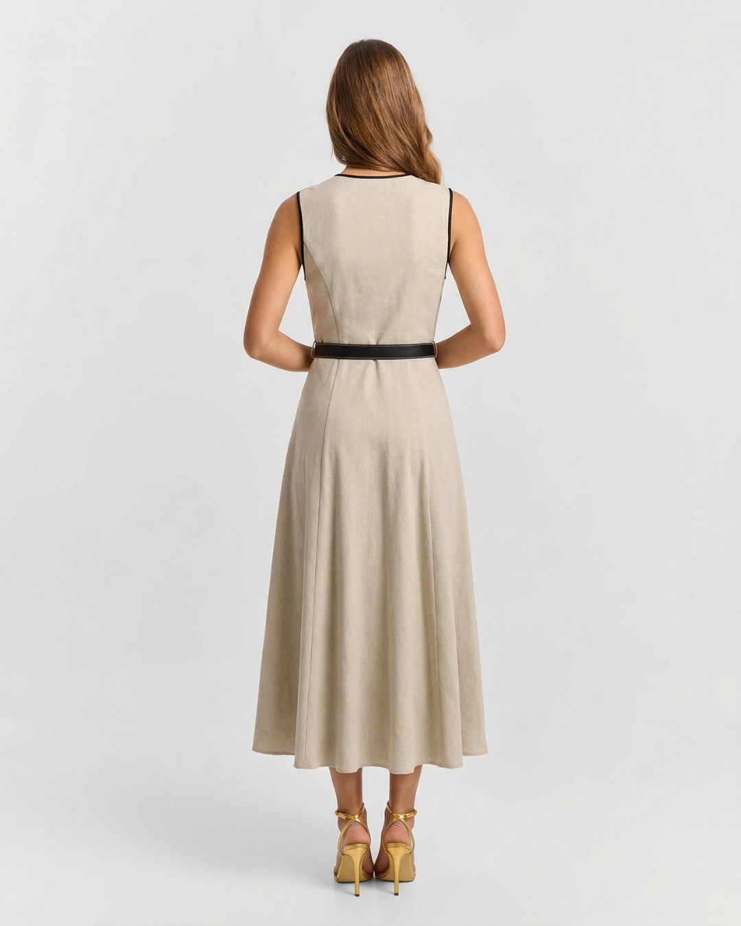 Adeline | V-Neck Wrap Front Contrast Piping Linen Maxi Dress