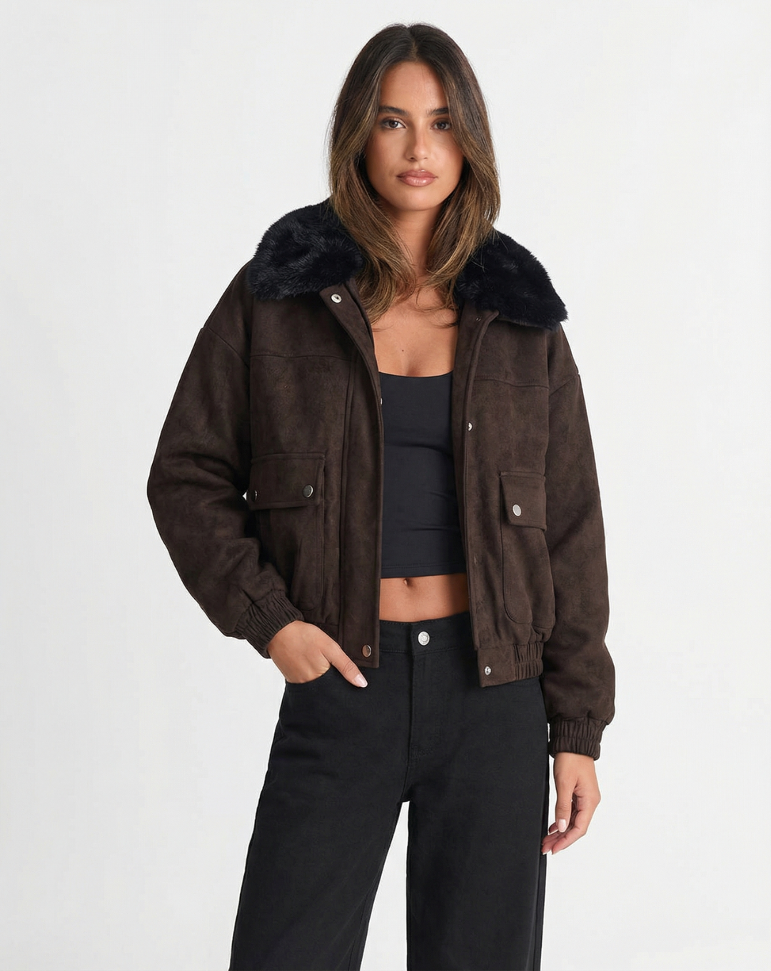Ada | Winter Aviator Jacket Brown Faux Fur Collar Suede