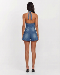 Anya | Halter Neck Deep Scoop Contoured Seam Denim Shorts Romper in Blue