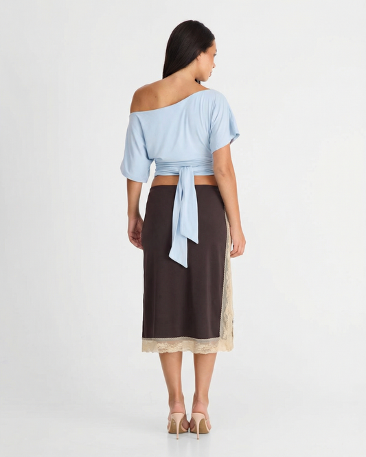 Sage | Lace Midi Skirt Brown Satin Slip Panel Hem
