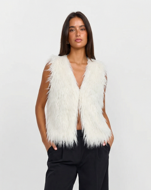 Luna | Sleeveless Faux Fur Jacket White Cream Fluffy Gilet