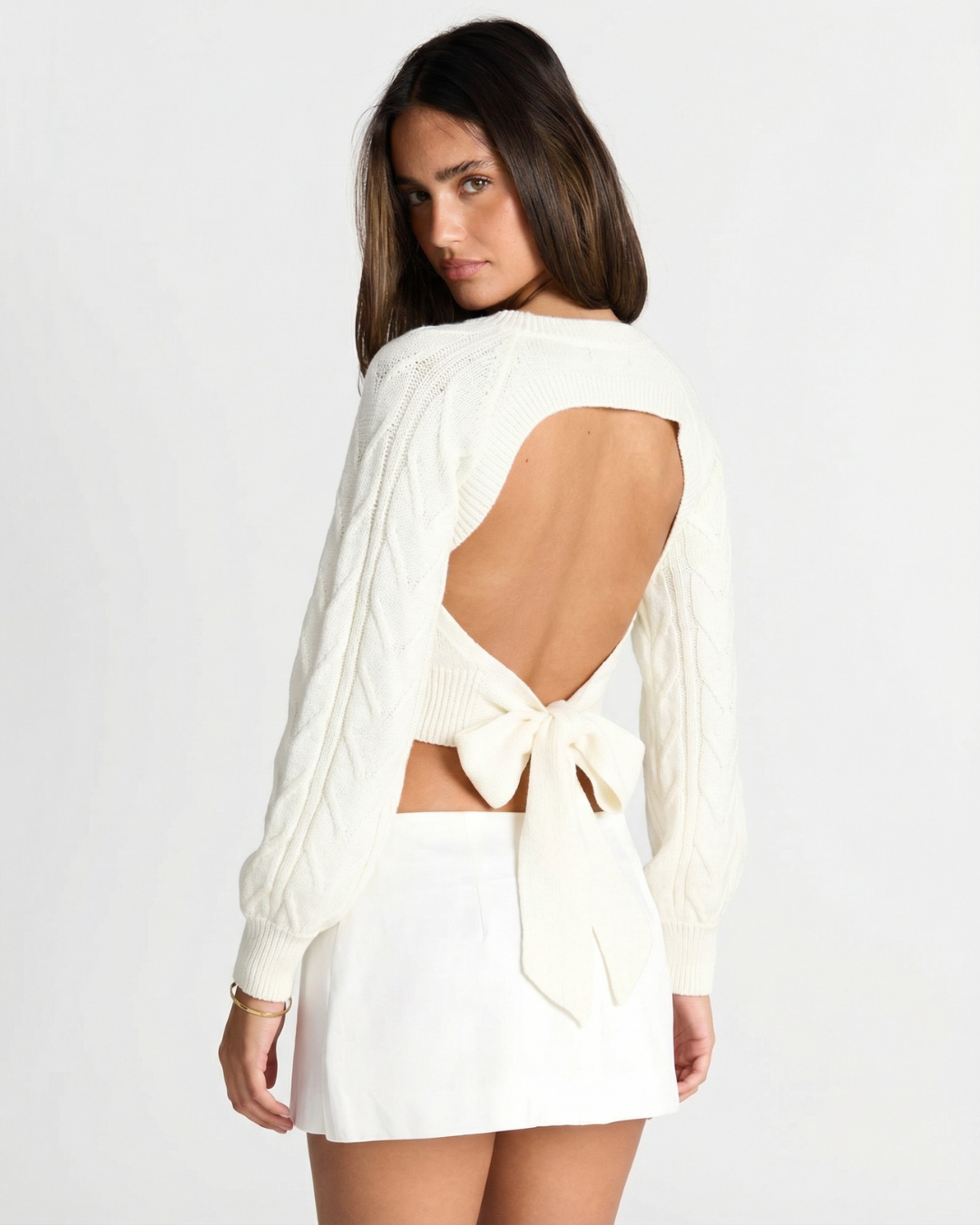 Thea | Cropped Cable Knit Sweater Cream Long Sleeve Crew Neck