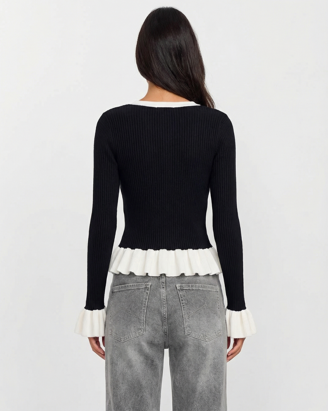 Harper | V-Neck Contrast Peplum Hem Ruffle Cuff Button Front Fitted Ribbed Knit Top