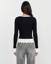 Harper | V-Neck Contrast Peplum Hem Ruffle Cuff Button Front Fitted Ribbed Knit Top
