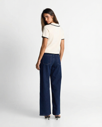 Megan | Contrast Piping Collar Button Front Ribbed Knit Top