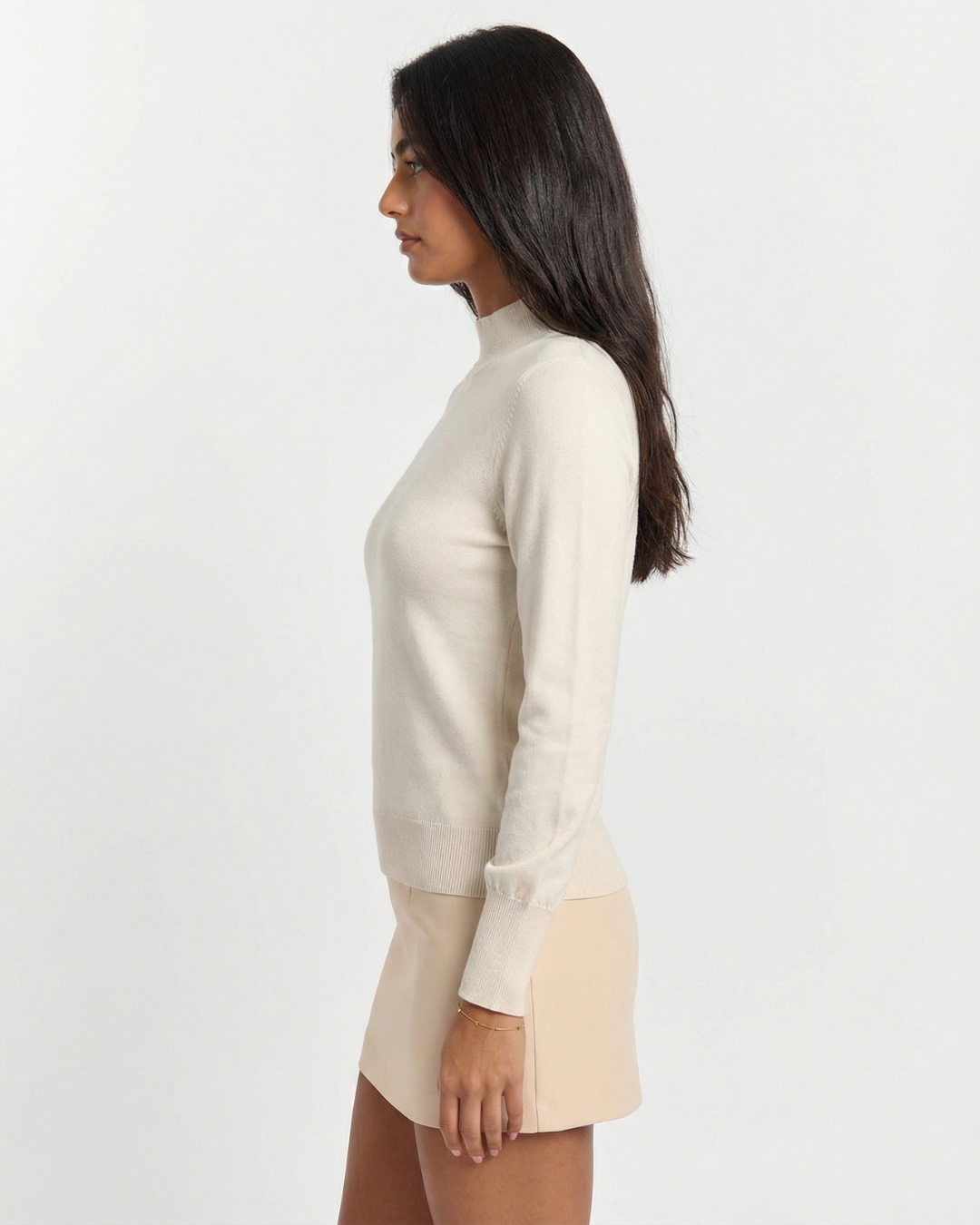 Sophie | Mock Neck Gold Shoulder Button Puff Shoulder Ribbed Fitted Knit Top