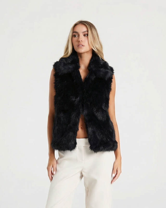 Esme | Winter Faux Fur Vest Black Sleeveless Fluffy