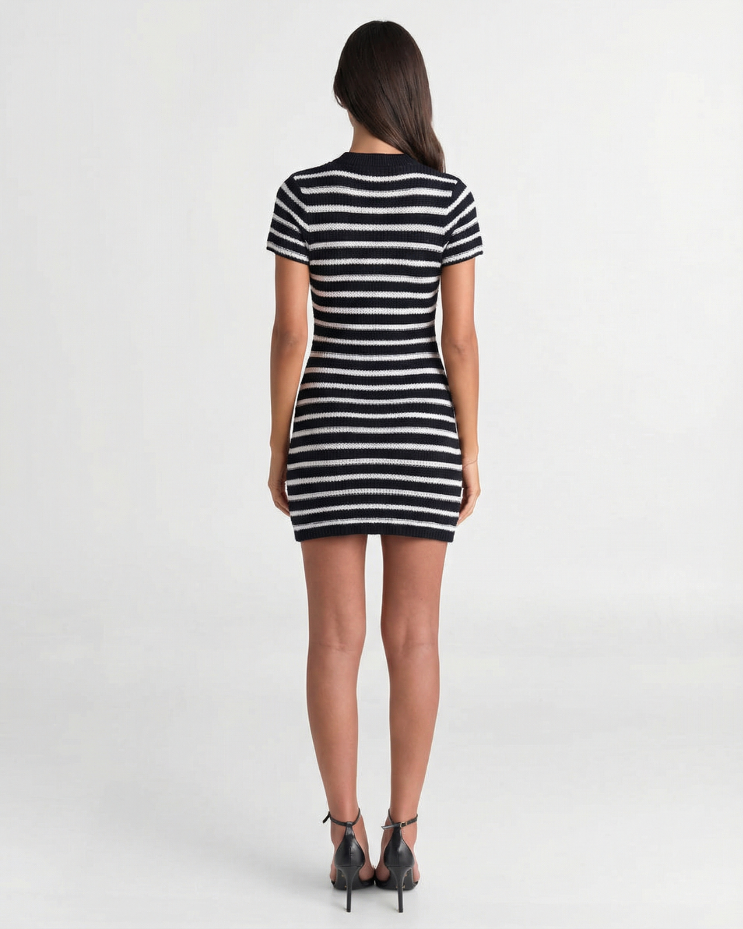 Pearl | Stripe Print Crew Neck Short Sleeve Ribbed Knit Bodycon Mini Dress