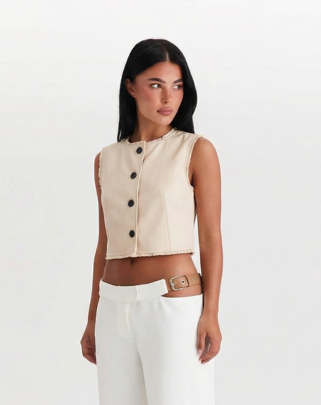 Suki | Cropped Sleeveless Blouse Cream Button Front Frayed Edge