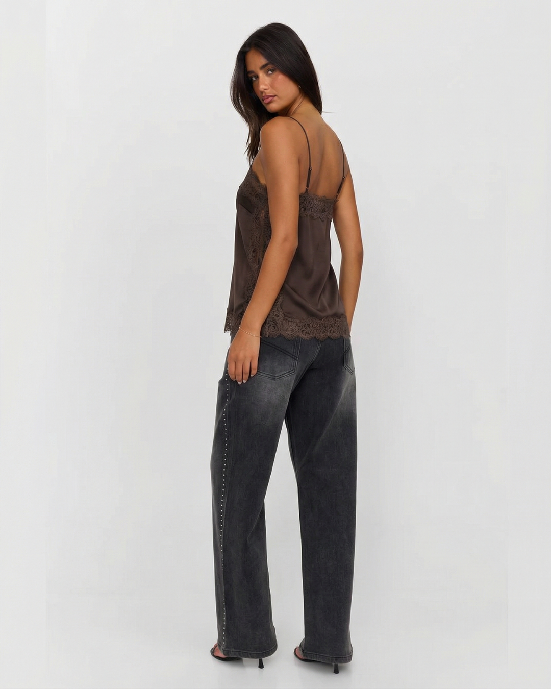 Iris | Elegant Satin Cami Top Brown Lace Trim Sleeveless