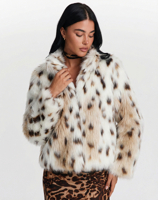 Mila | Elegant Leopard Print Faux Fur Jacket White