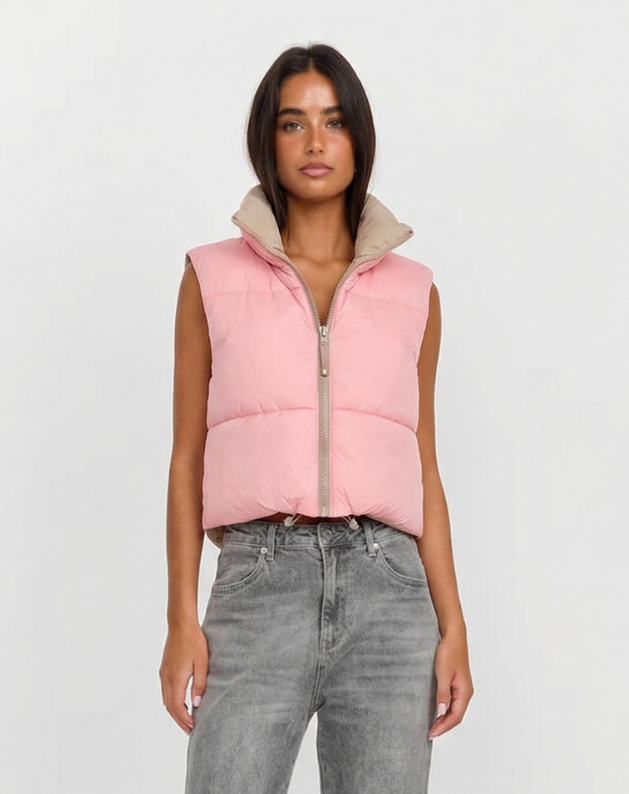 Kira | Quilted Puffer Vest Pink Sleeveless Reversible Padded Gilet
