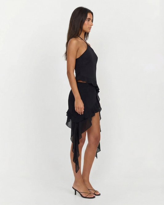 Fleur | Elegant Peplum Halter Neck Top Black Asymmetric Ruffle