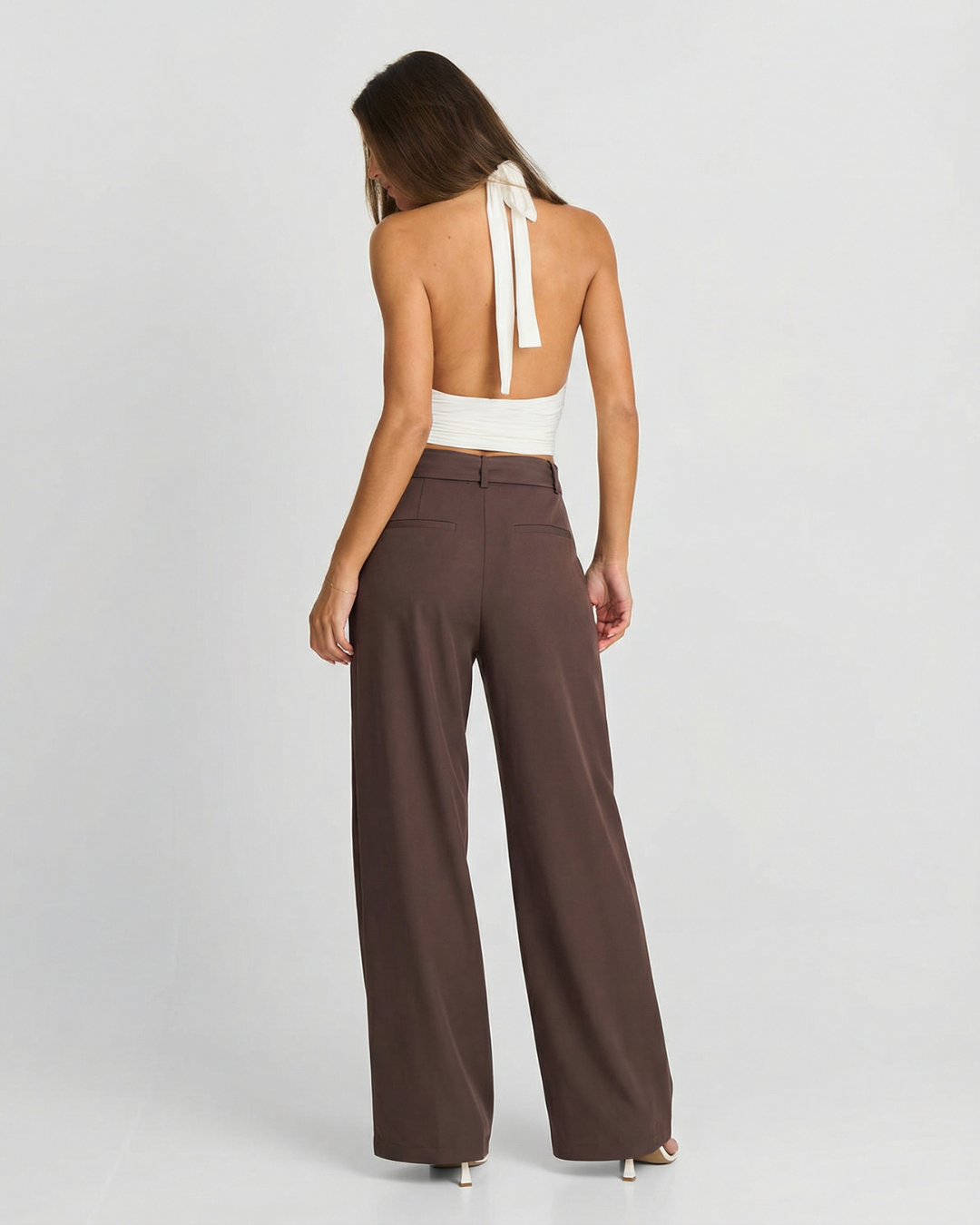 Ivy | High-Waist D-Ring Belt Deep-Pleat Wide-Leg Trousers in Brown