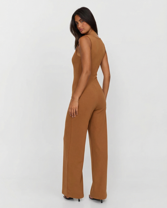 Luisa | Tailored Jumpsuit Brown Wide Leg V Neck