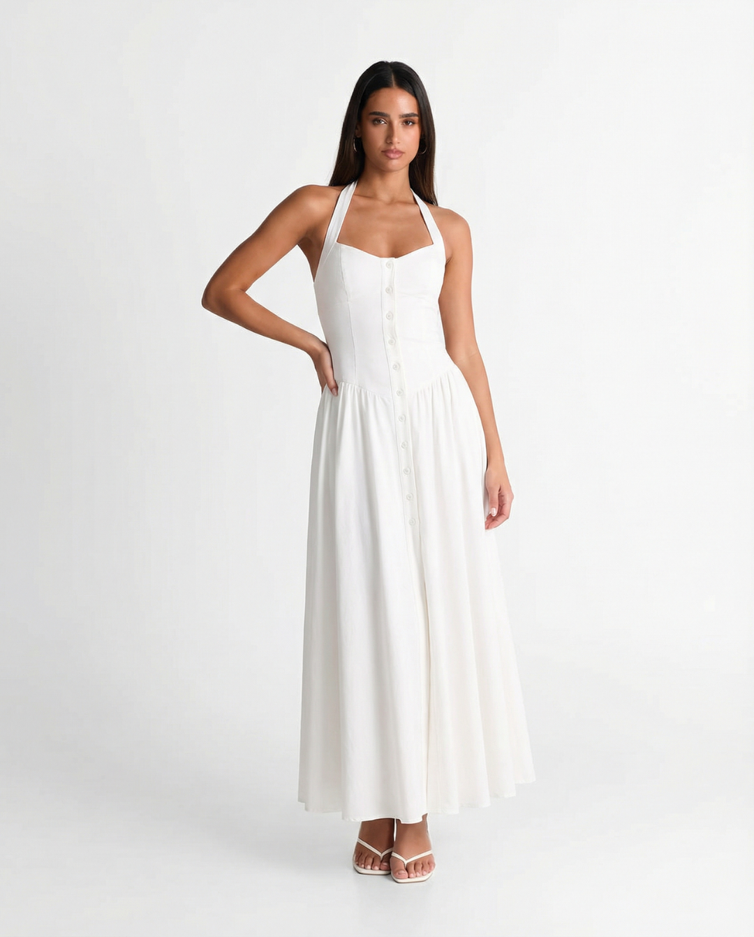 Faye | Halter Neck Sweetheart Button Front Midi Dress