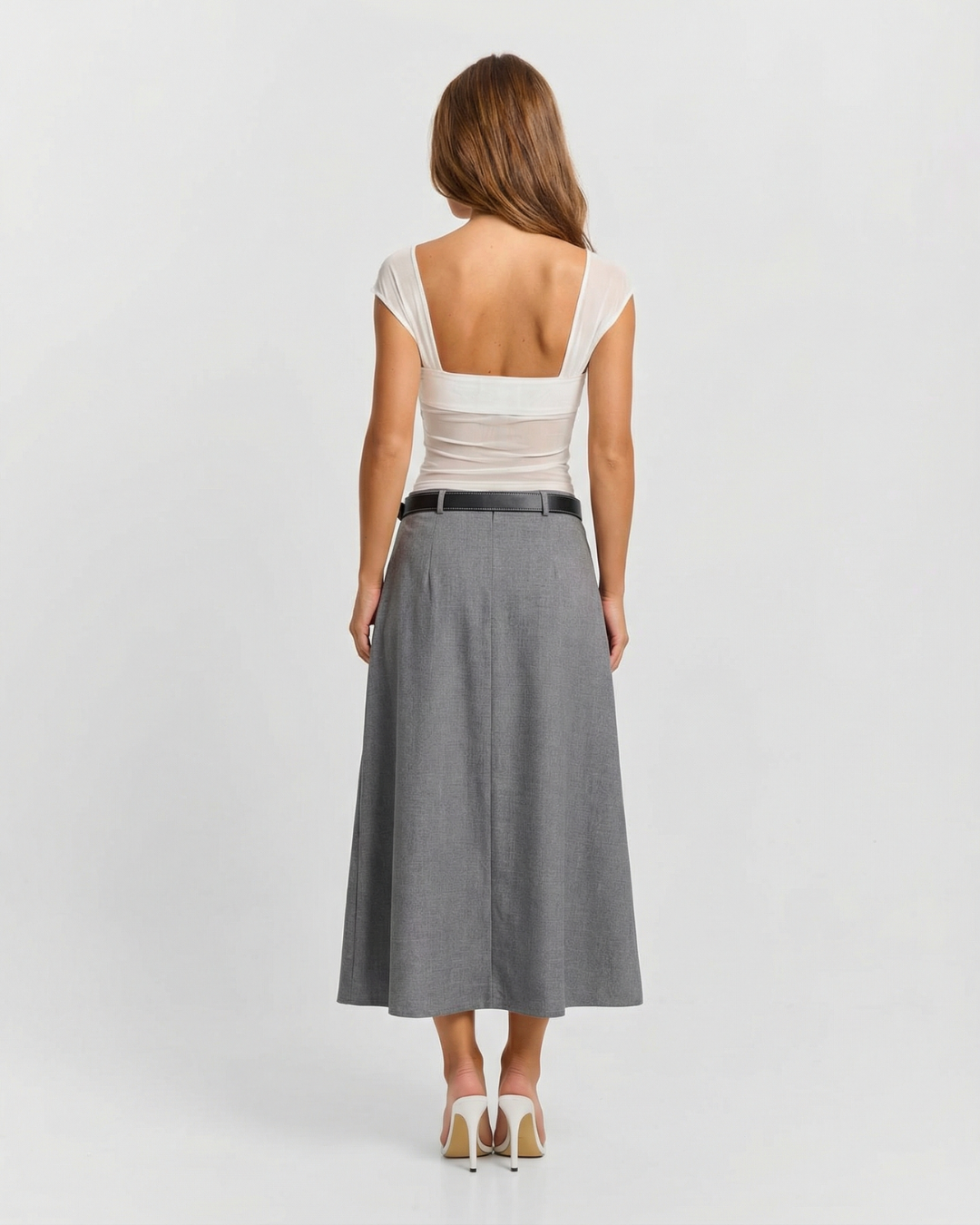 Bea | Pleated Midi Skirt Grey Belted High Waisted A Line Tailored