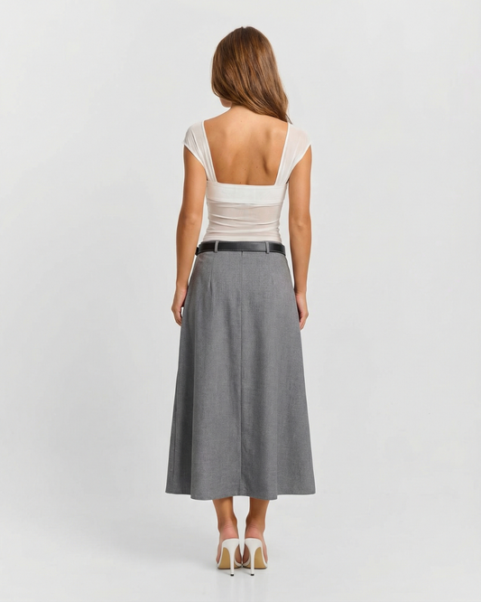 Bea | Pleated Midi Skirt Grey Belted High Waisted A Line Tailored