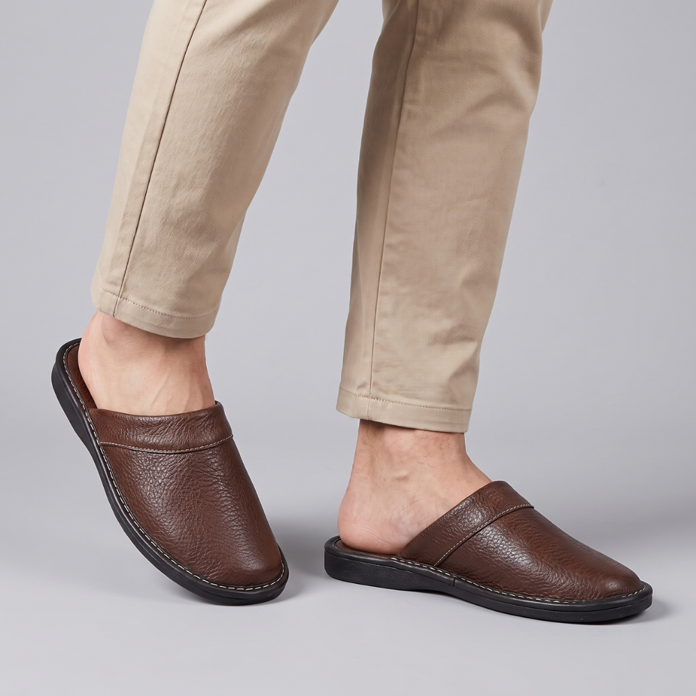 Burnaby | Men's Leather House Shoes Brown Slip On Clog