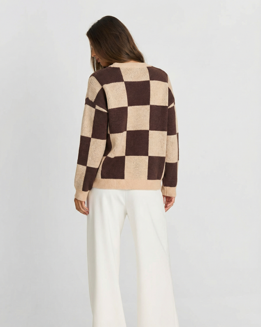 Fleur | Knitted Sweater Check Brown Cream Crew Neck