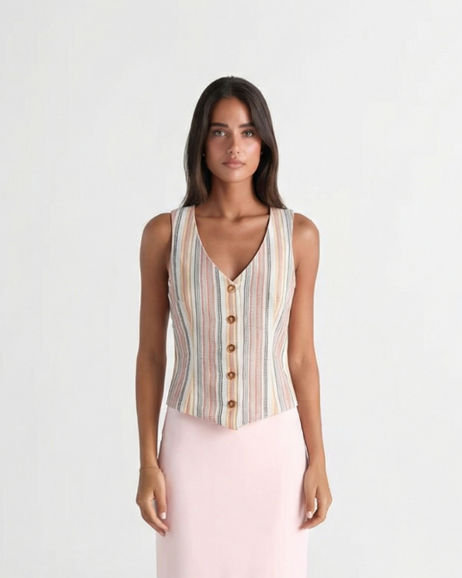 Sia | Summer Striped Linen Vest Top Cream Sleeveless Button Front