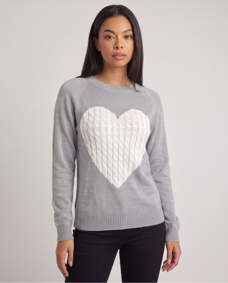 Serafina | Women's Heart Motif Crew Neck Jumper Grey