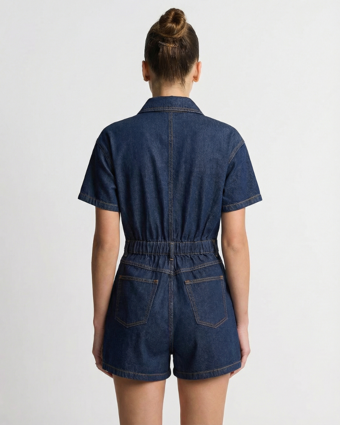 Abigail | Shirt Collar Button Front Twin Pocket Contrast Stitch Denim Romper in Dark Blue and Light Blue