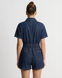 Abigail | Shirt Collar Button Front Twin Pocket Contrast Stitch Denim Romper in Dark Blue and Light Blue