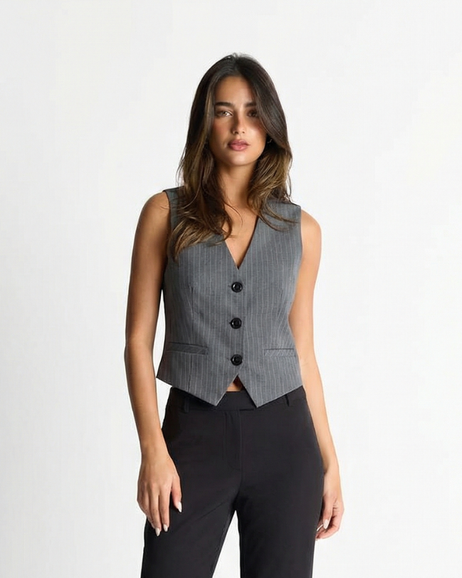Lyra | Smart Casual Tailored Blazer Grey Pinstripe Sleeveless Fitted