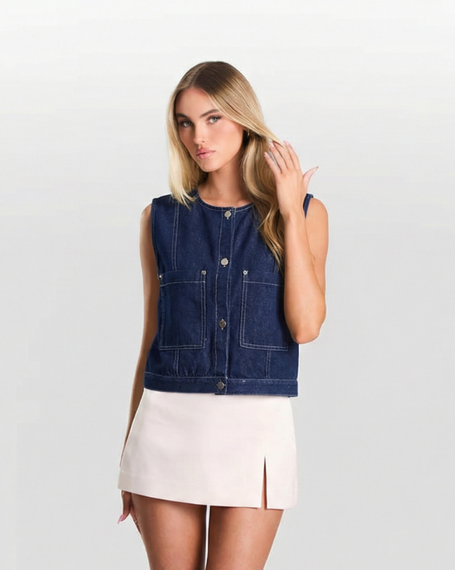 Ophelia | Sleeveless Denim Vest Navy Blue Button Front Utility Pockets