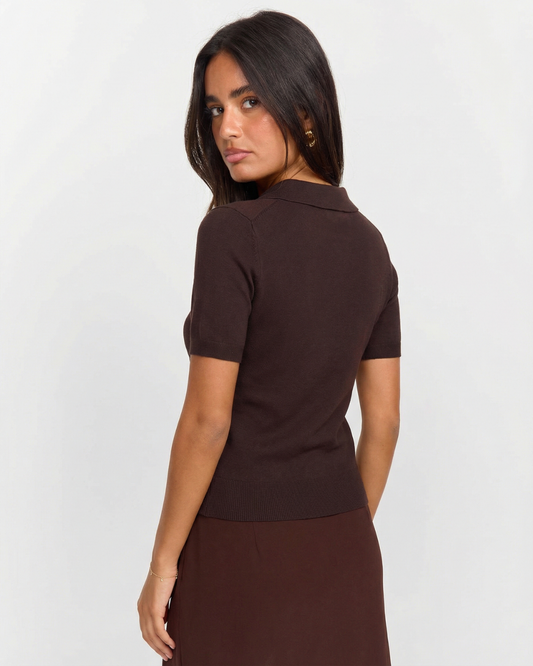 Chloe | Brown Delicate Knit Short Sleeve Polo with Flower Buttons