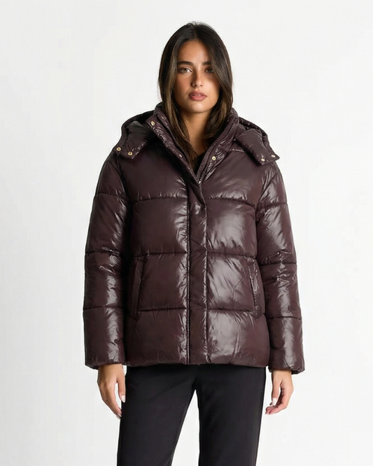 Faye | Winter Puffer Jacket Quilted Brown Hooded Long Sleeve