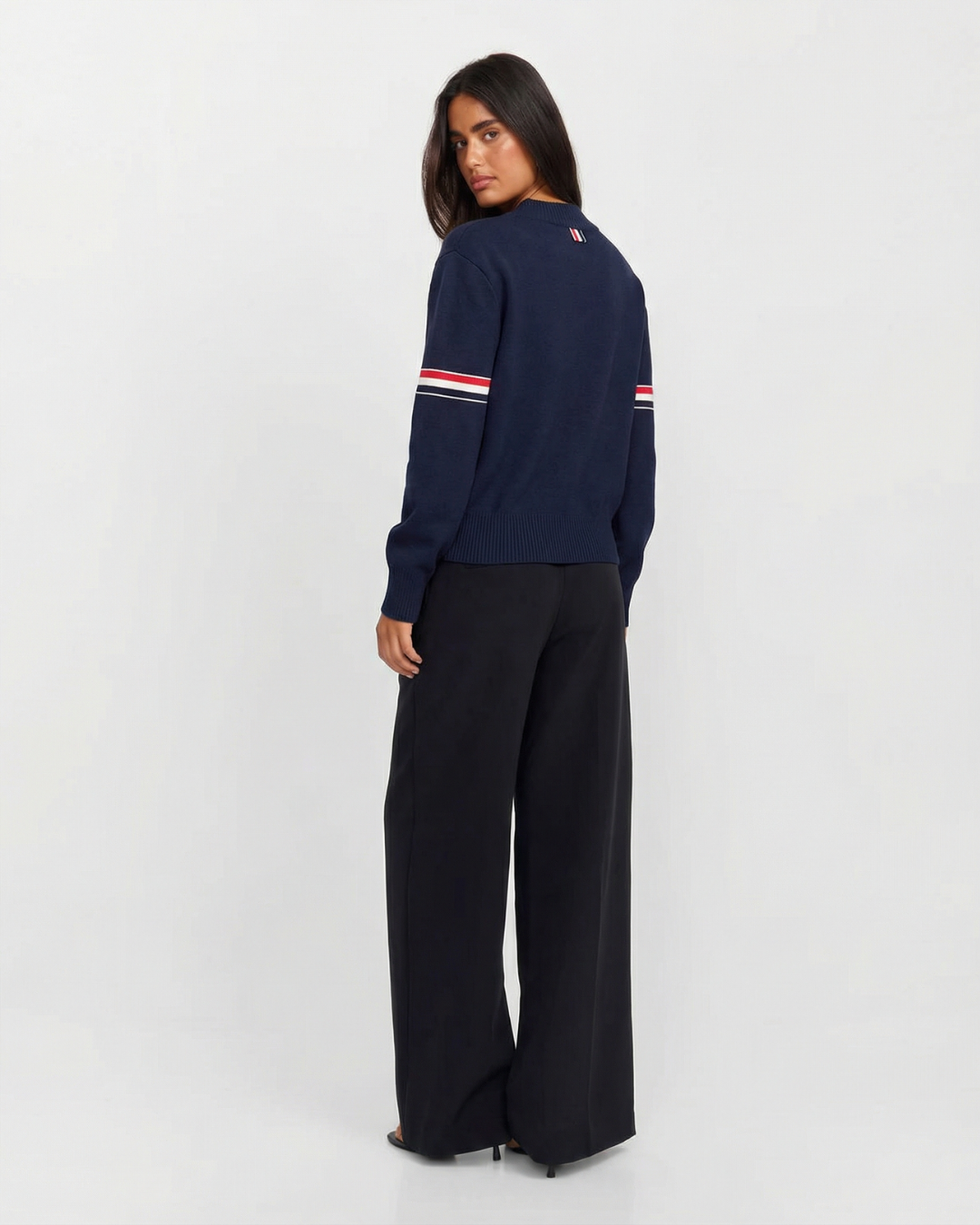 Maya | Stripe Arm Detail Crew Neck Button Front Ribbed Cropped Knit Cardigan